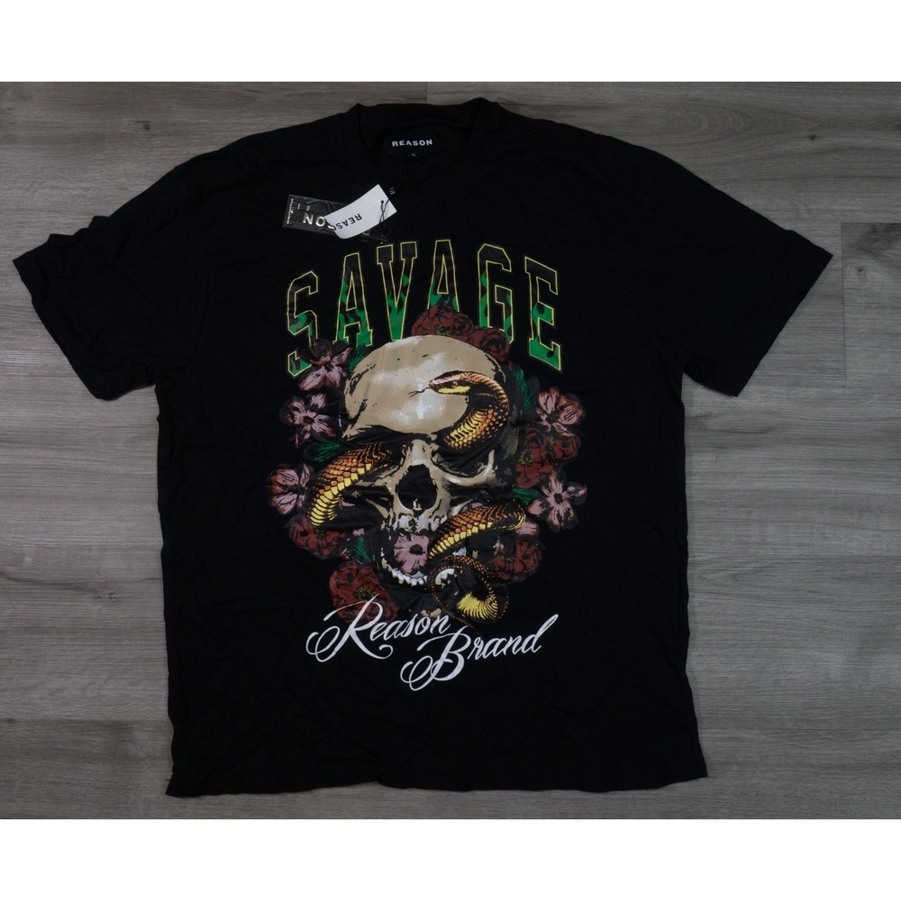 Reason Brand Savage Skull Cobra Tee Mens XL Black Cotton Graphic Shirt RT23-004